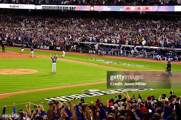 Mike Montgomery of the Chicago Cubs celebrates after defeating the Cleveland Indians 8-7 in Game Seven of the 2016 World Series at Progressive Field...