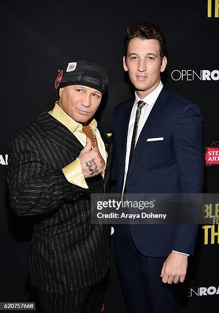 Vinny Pazienza and Miles Teller attend the premiere of Open Road Films' "Bleed For This" at Samuel Goldwyn Theater on November 2, 2016 in Beverly...