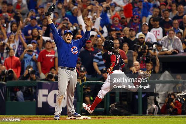 Anthony Rizzo of the Chicago Cubs celebrates after catching the final out to defeat the Cleveland Indians in Game 7 of the 2016 World Series...