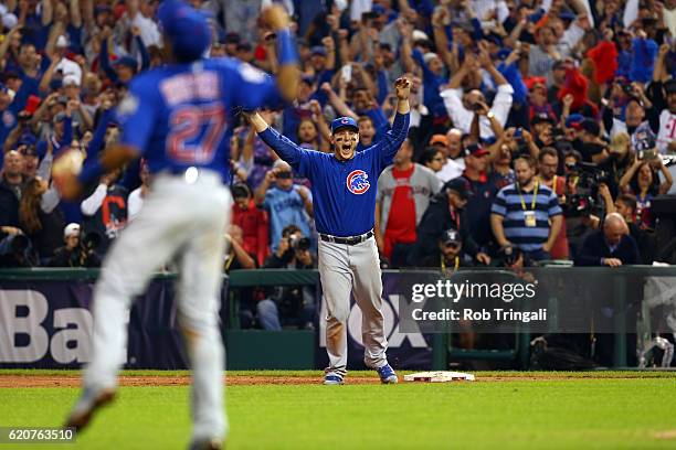 Anthony Rizzo of the Chicago Cubs celebrates after catching the final out to defeat the Cleveland Indians in Game 7 of the 2016 World Series...