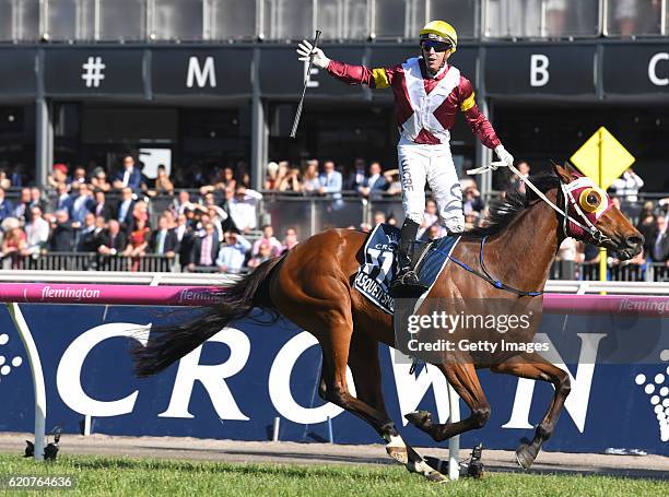 Brenton Avdulla rides Lasqueti Spirit to win race 8, the Crown Oaks on Oaks Day at Flemington Racecourse on November 3, 2016 in Melbourne, Australia.