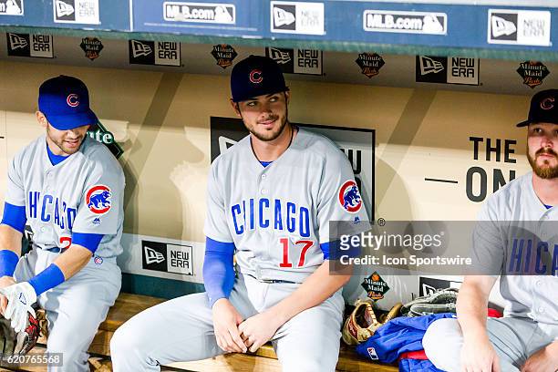 Chicago Cubs third baseman Kris Bryant on the bench prior to a MLB baseball game between the Houston Astros and the Chicago Cubs at Minute Maid Park...