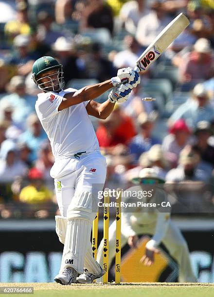 Vernon Philander of South Africa is bowled by Mitchell Starc of Australia during day one of the First Test match between Australia and South Africa...