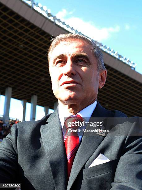 Bosko Djurovski,coach of Nagoya Grampus looks on prior to the J.League match between Nagoya Grampus and Shonan Bellmare at Paroma Mizuho Stadium on...