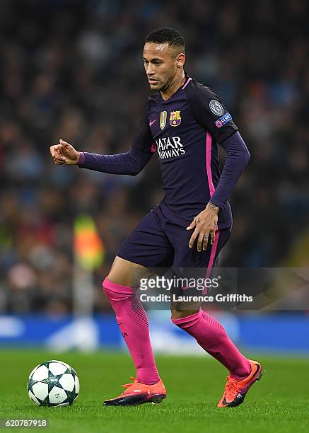 Neymar of Barcelona in action during the UEFA Champions League match between Manchester City FC and FC Barcelona at Etihad Stadium on November 1,...