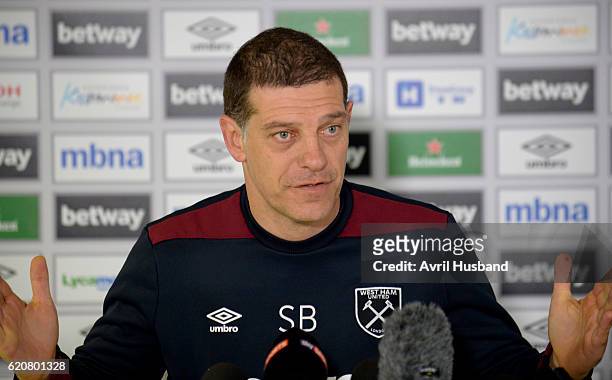 Slaven Bilic of West Ham United answers the questions of the assembled Media during his Press Conference at Rush Green on November 3, 2016 in...