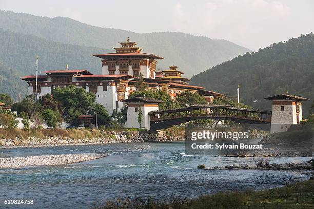 the famous punakha dzong and his brudge in bhutan, himalayas - instituto del mundo árabe fotografías e imágenes de stock