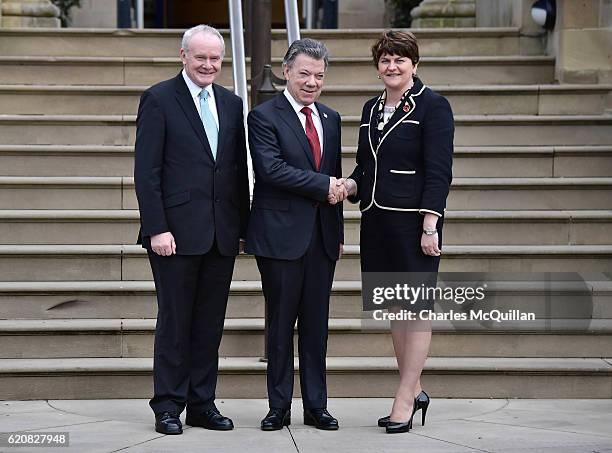 President of Colombia, Juan Manuel Santos is greeted at Stormont Castle by Northern Ireland First Minister Arlene Foster and Deputy First Minister...