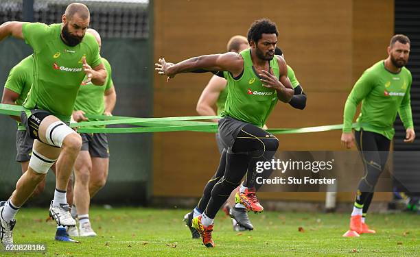 Henry Speight in action during Qantas Australia Wallabies training ahead of their International against Wales at Sophia Gardens on November 3, 2016...