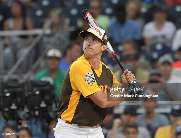 Quarterback Drew Brees of the New Orleans Saints bats during the MLB 2016 All-Star Legends and Celebrity Softball Game at PETCO Park on July 10, 2016...