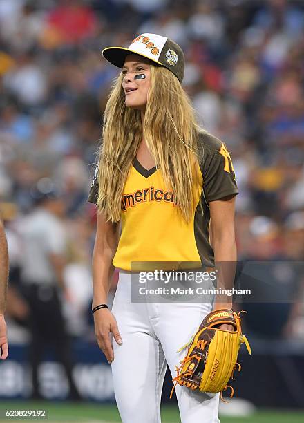 Model Nina Agdal looks on during the MLB 2016 All-Star Legends and Celebrity Softball Game at PETCO Park on July 10, 2016 in San Diego, California.