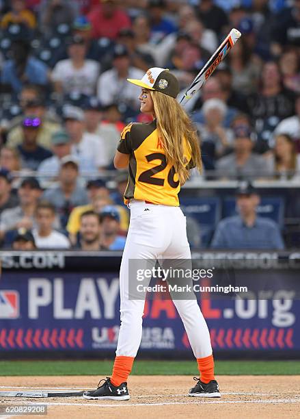 Model Nina Agdal bats during the MLB 2016 All-Star Legends and Celebrity Softball Game at PETCO Park on July 10, 2016 in San Diego, California.