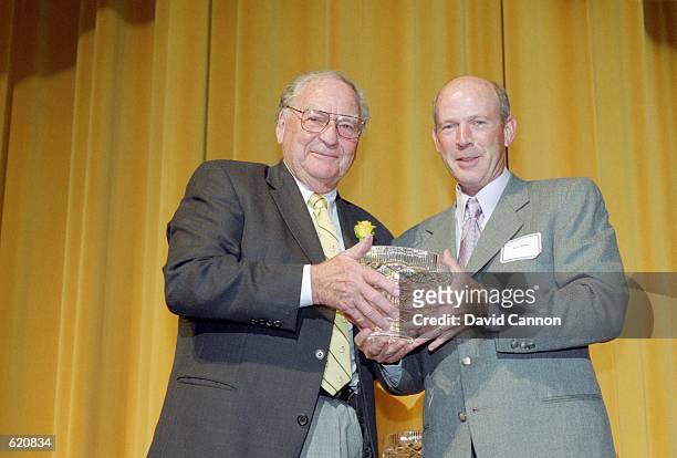 Larry Nelson of the USA receives the Senior PGA Player of the Year 2000 Award during the Golf Writers Associates Awards at the Augusta National Golf...