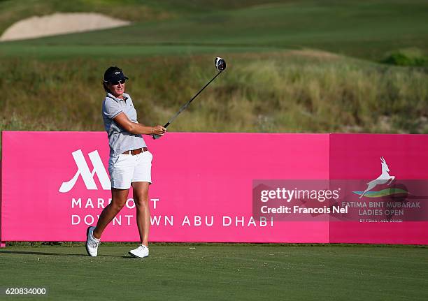 Gwladys Nocera of France tees off on the 15th hole during the second round of the Fatima Bint Mubarak Ladies Open at Saadiyat Beach Golf Club on...