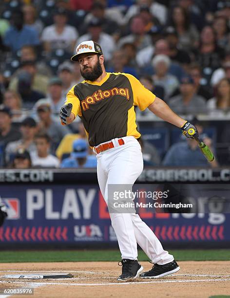 Actor Mark-Paul Gosselaar bats during the MLB 2016 All-Star Legends and Celebrity Softball Game at PETCO Park on July 10, 2016 in San Diego,...