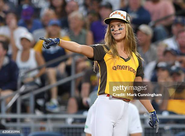 Model Nina Agdal looks on during the MLB 2016 All-Star Legends and Celebrity Softball Game at PETCO Park on July 10, 2016 in San Diego, California.