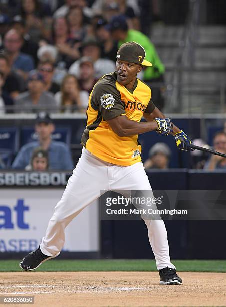 Actor and comedian Jamie Foxx bats during the MLB 2016 All-Star Legends and Celebrity Softball Game at PETCO Park on July 10, 2016 in San Diego,...