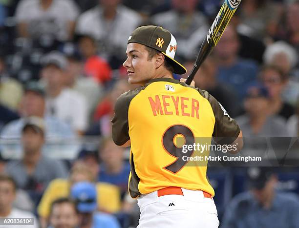 Disney actor Peyton Meyer bats during the MLB 2016 All-Star Legends and Celebrity Softball Game at PETCO Park on July 10, 2016 in San Diego,...