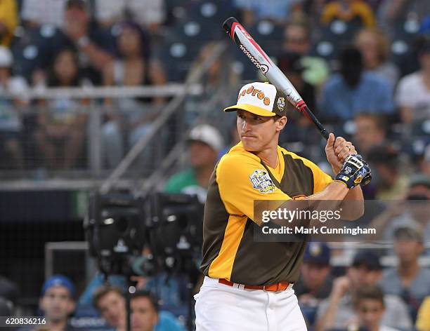 Quarterback Drew Brees of the New Orleans Saints bats during the MLB 2016 All-Star Legends and Celebrity Softball Game at PETCO Park on July 10, 2016...