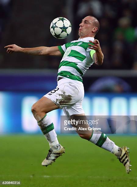 Scott Brown of Celtic controles the ball during the UEFA Champions League Group C match between VfL Borussia Moenchengladbach and Celtic FC at...
