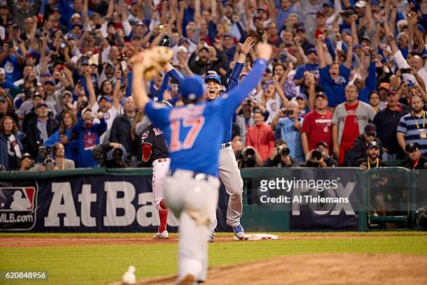 World Series: View of Chicago Cubs Anthony Rizzo victorious after winning Game 7 in 10th inning to win championship series vs Cleveland Indians at...