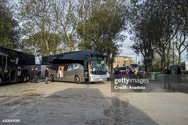 The first bus leaves the center "Jules Ferry" at 9am, in Calais, on November 3, 2016. Over 350 women and Their children, still living at the "Jules...