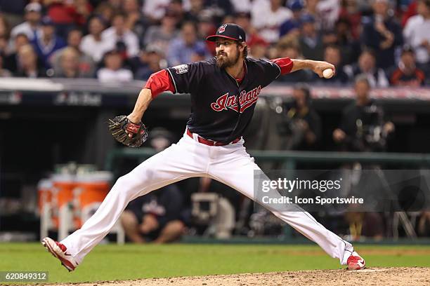 Cleveland Indians relief pitcher Andrew Miller delivers a pitch during game 7 of the 2016 World Series against the Chicago Cubs and the Cleveland...