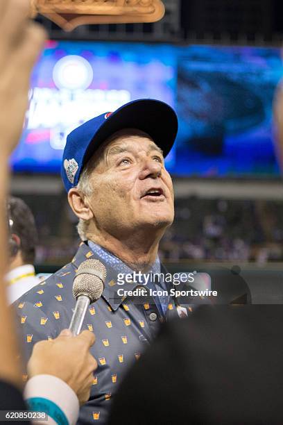 Bill Murray is interviewed on the field following the 2016 World Series Game 7 between the Chicago Cubs and Cleveland Indians on November 02 at...