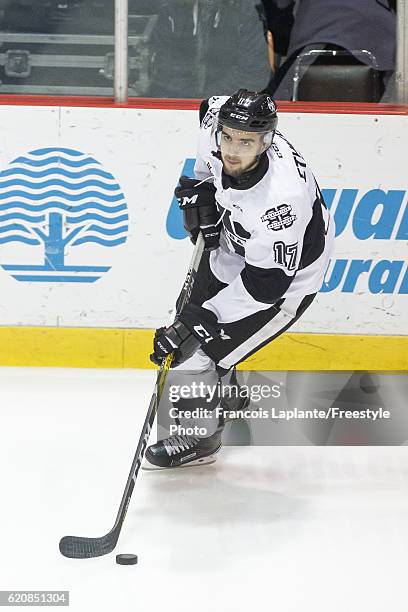Thomas Ethier of the Blainville-Boisbriand Armada skates with the puck during warm-up prior to a game against the Gatineau Olympiques on October 30,...