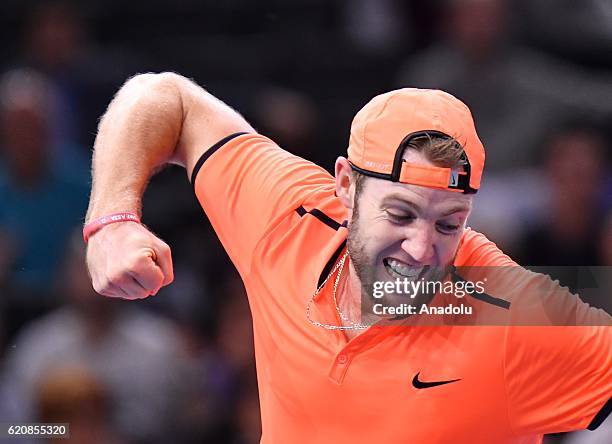 Jack Sock of The United States of America reacts during the Men's second round match against Richard Gasquet of France on day four of the BNP Paribas...