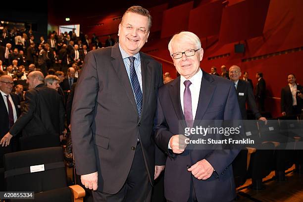President Reinhard Grindel and DFL league president Reinhard Rauball pose for a picture prior to the ceremonial act of the 42nd DFB Bundestag at...