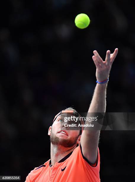 Jack Sock of the United States serves against Richard Gasquet of France during the Mens Singles third round match on day four of the BNP Paribas...