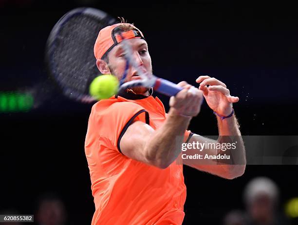 Jack Sock of The United States of America plays a forehand during the Men's second round match against Richard Gasquet of France on day four of the...