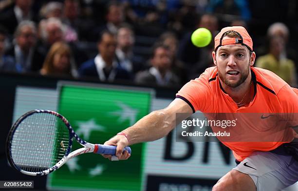 Jack Sock of The United States of America plays a forehand during the Men's second round match against Richard Gasquet of France on day four of the...