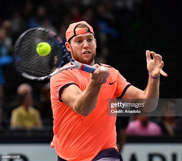 Jack Sock of The United States of America plays a forehand during the Men's second round match against Richard Gasquet of France on day four of the...