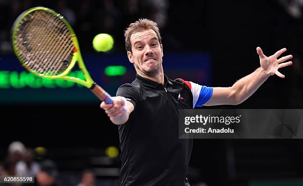 Richard Gasquet of France plays a forehand during the Men's second round match against Jack Sock of The United States of America on day four of the...