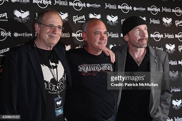 Bob Ezrin, Hamish Dodds and The Edge attend ICONS OF MUSIC II AUCTION to Benefit MUSIC RISING at HARD ROCK CAFE NEW YORK at Hard Rock Cafe on May 31,...