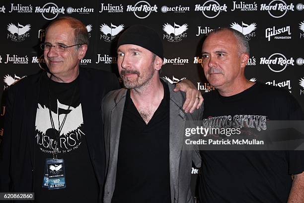 Bob Ezrin, The Edge and Hamish Dodds attend ICONS OF MUSIC II AUCTION to Benefit MUSIC RISING at HARD ROCK CAFE NEW YORK at Hard Rock Cafe on May 31,...