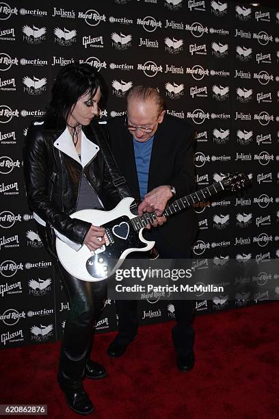 Joan Jett and Les Paul attend ICONS OF MUSIC II AUCTION to Benefit MUSIC RISING at HARD ROCK CAFE NEW YORK at Hard Rock Cafe on May 31, 2008 in New...