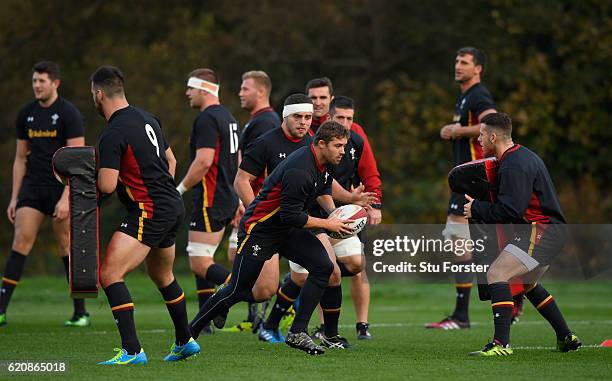 Wales player Leigh Halfpenny in action during Wales training in the lead up to the game against Australia at the Vale Hotel on November 3, 2016 in...