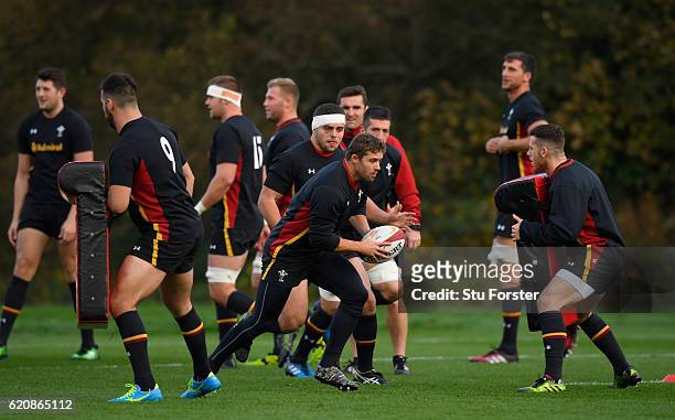 Wales player Leigh Halfpenny in action during Wales training in the lead up to the game against Australia at the Vale Hotel on November 3, 2016 in...