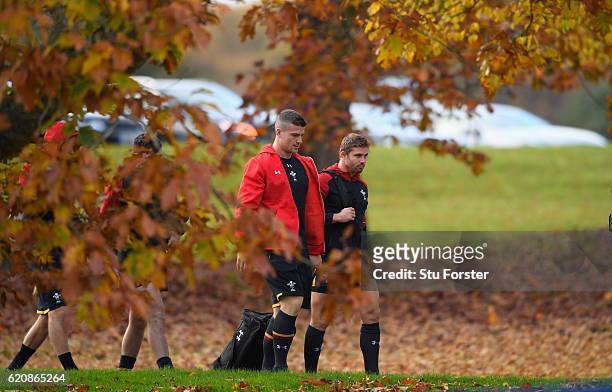 Wales player Leigh Halfpenny and Scott Williams make their way to Wales training in the lead up to the game against Australia at the Vale Hotel on...