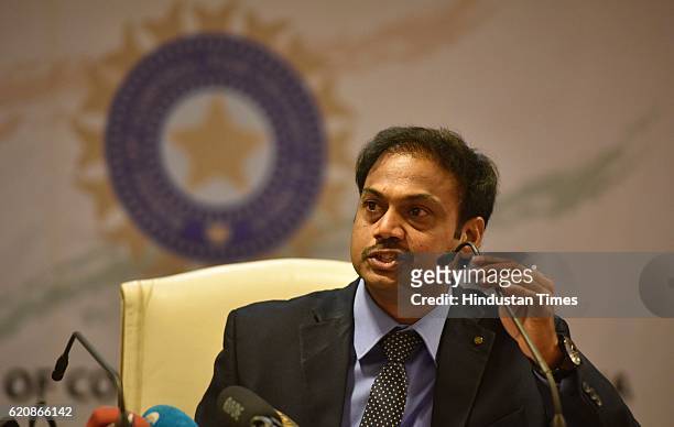 Prasad, Indian team selection committee Chairman, during a press conference to declare India's test team against England at BCCI headquarters, on...