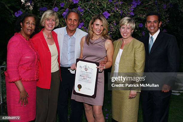 Jan Perry, Janice Hahn, Serge Azria, Florence Azria, Wendy Greuel and Mayor Antonio Villarigosa attend Florence & Serge Azria Host Mothers Against...