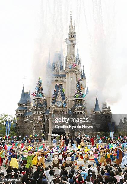 Urayasu, Japan - Popular characters assemble in front of Cinderella Castle at Tokyo Disneyland in Urayasu, Chiba Prefecture, on April 15 in a...