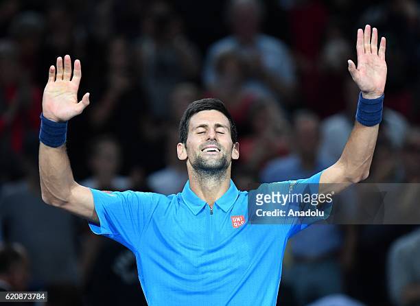 Novak Djokovic of Serbia celebrates after winning the Men's second round match against Grigor Dimitrov of Bulgria on day four of the BNP Paribas...