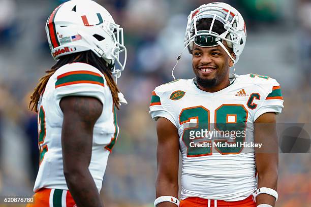Corn Elder of the Miami Hurricanes is seen before the game against the Notre Dame Fighting Irish at Notre Dame Stadium on October 29, 2016 in South...