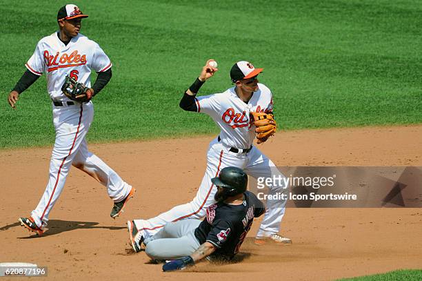 Baltimore Orioles third baseman Ryan Flaherty completes a double play forcing Cleveland Indians first baseman Mike Napoli out at Orioles Park at...