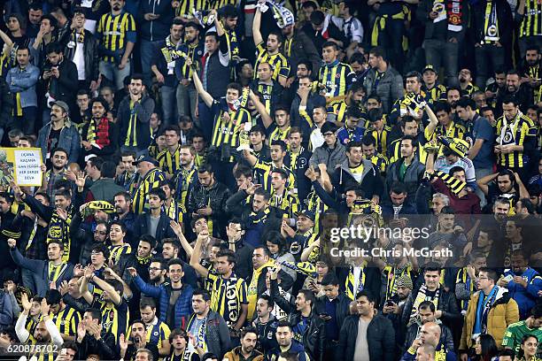 Fenerbahce supporters react during the UEFA Europa League Group A match between Fenerbahce SK and Manchester United FC at Sukru Saracoglu Stadium on...
