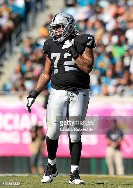 Donald Penn of the Oakland Raiders looks on during the game against the Jacksonville Jaguars at EverBank Field on October 23, 2016 in Jacksonville,...
